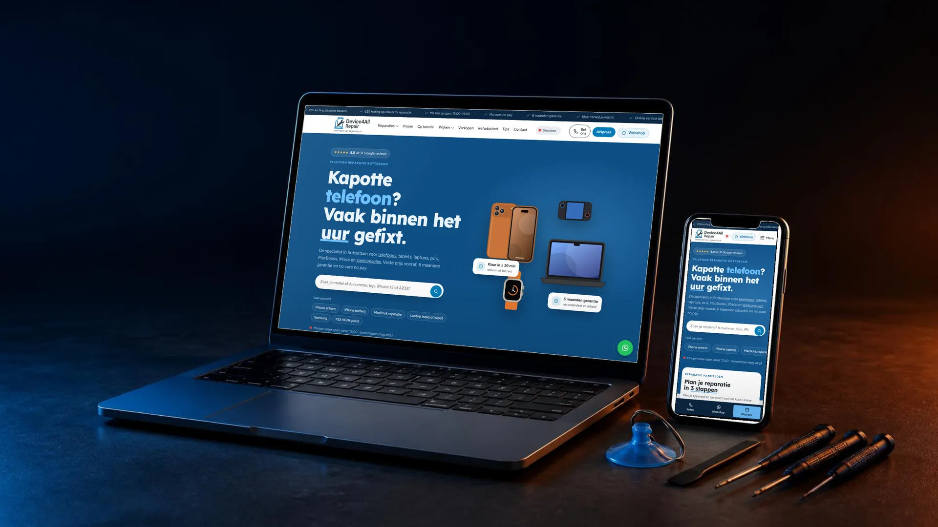 De site van Device4All Repair (device4all.nl) op laptop en telefoon