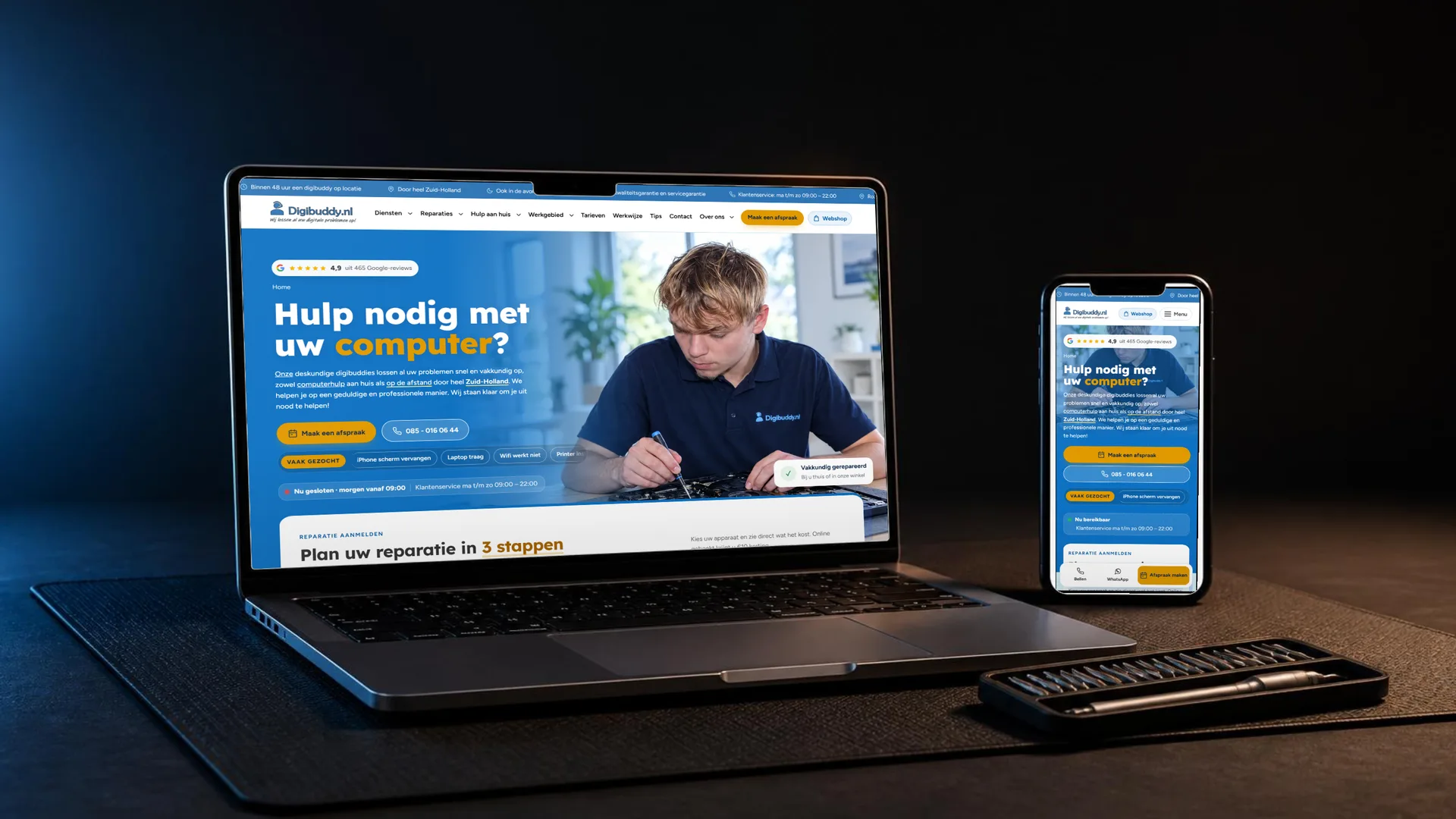 De site van Digibuddy (digibuddy.nl) op laptop en telefoon