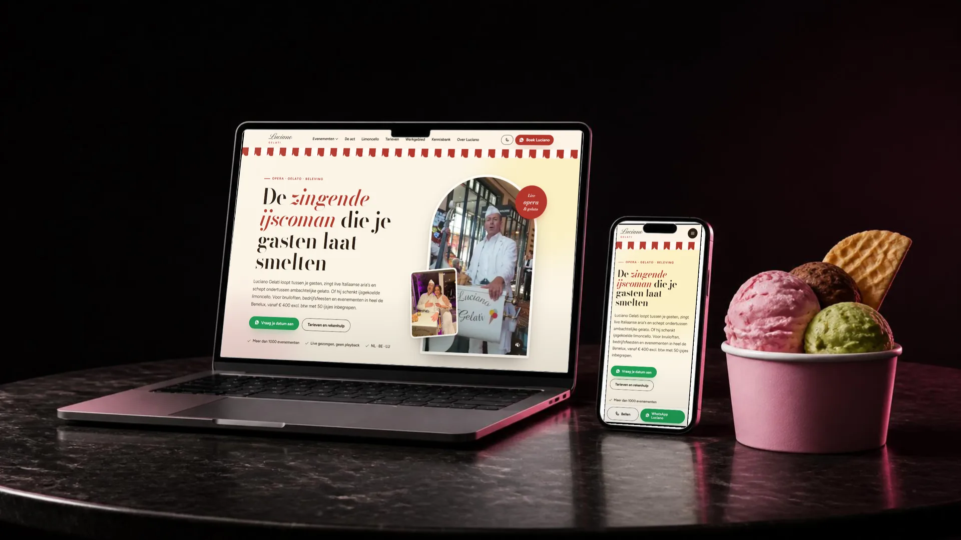 De site van Luciano Gelati (lucianogelati.nl) op laptop en telefoon